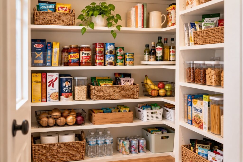 Kitchen pantry with foods grouped into practical categories with some baskets to help contain items where necessary.