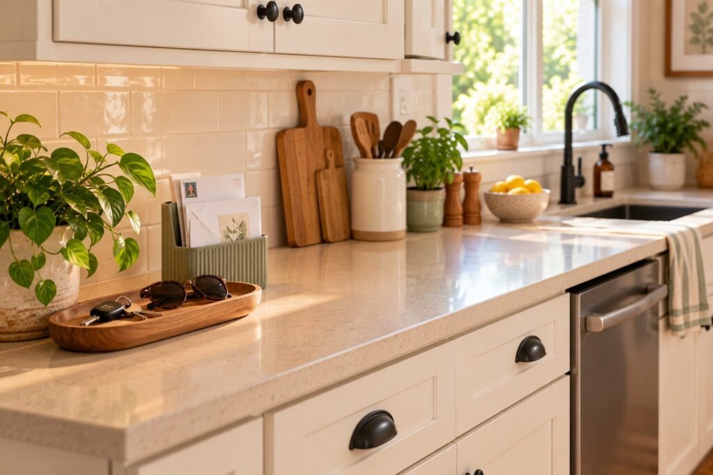 Kitchen counter with a shallow tray holding keys and sunglasses and a small upright holder with only two or three pieces of mail.