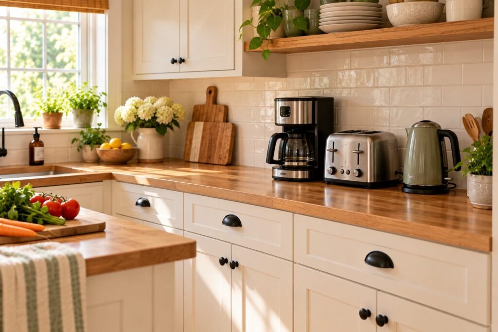 Kitchen with only three small appliances on the counter: a coffee maker, toaster and compact electric kettle surrounded by open food-prep space.