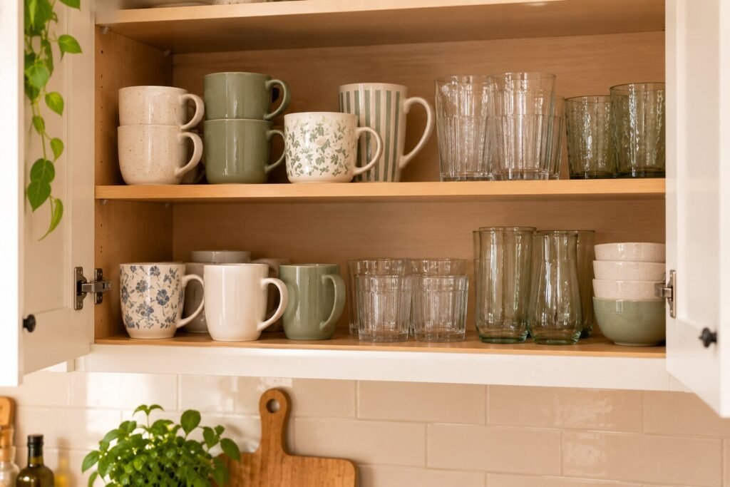 Kitchen cabinet with a modest, realistic collection of mugs and drinking glasses.