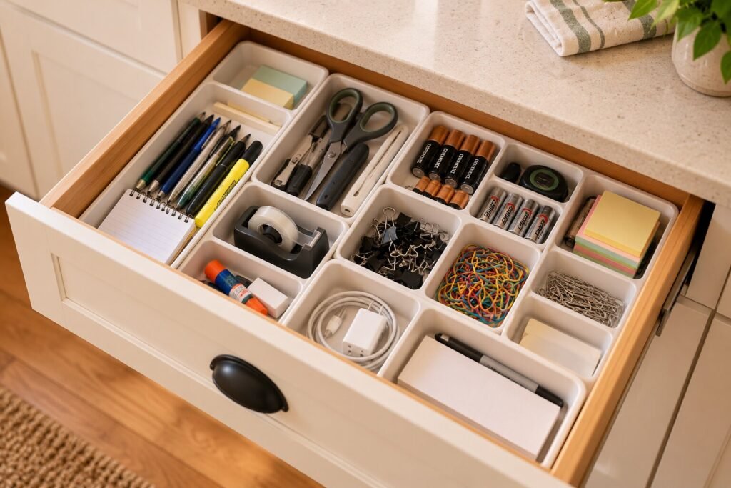 Open everyday kitchen junk drawer organized with several simple modular trays. Trays include: pens, scissors, tape, batteries, clips.
