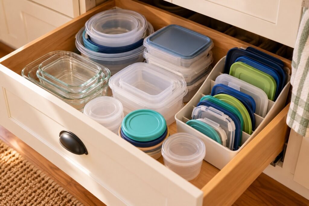Open lower kitchen drawer with a practical collection of food-storage containers neatly nested by size.