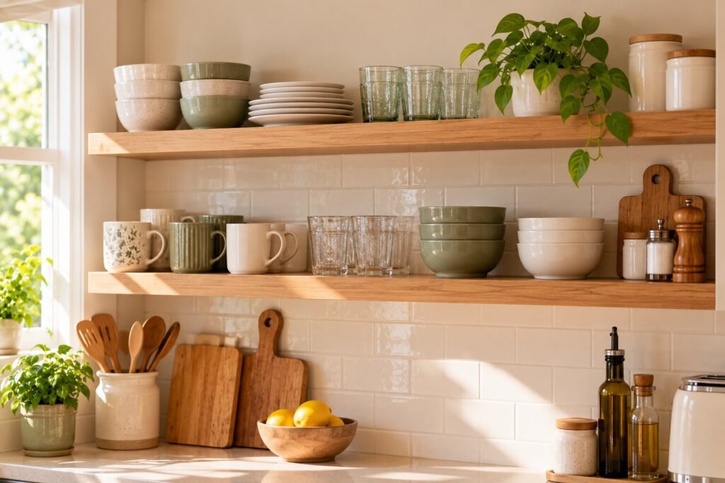 Bright kitchen with two simple wood shelves holding a collection of everyday dishes, drinking glasses, one small plant and a few frequently used kitchen items.