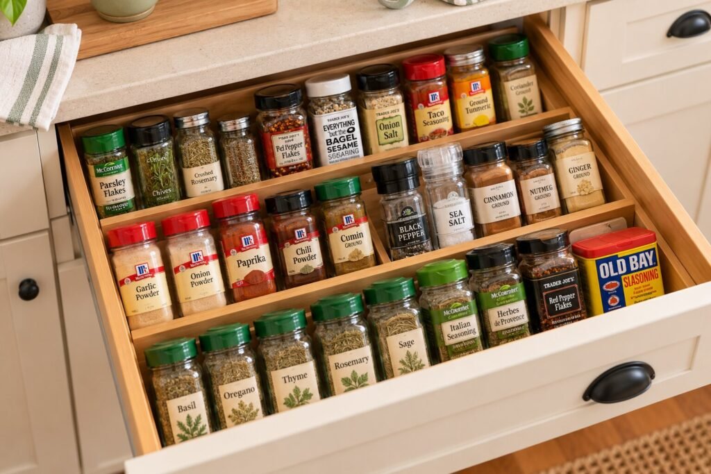 Open kitchen spice drawer with a collection of spices arranged so labels are easy to see.