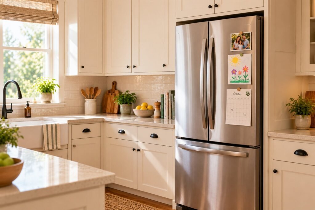 Kitchen with a refrigerator displaying only a few everyday items — one family photo, one child's artwork and a small current calendar.