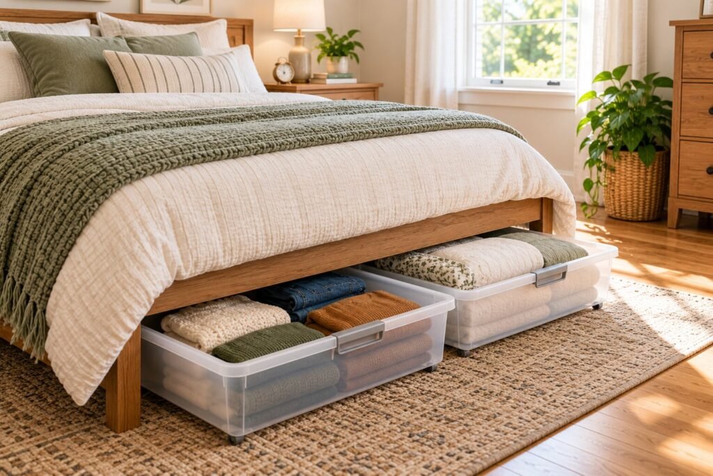 Small bedroom with two low-profile under-bed storage bins partially pulled out from beneath a simple natural-wood bed. 