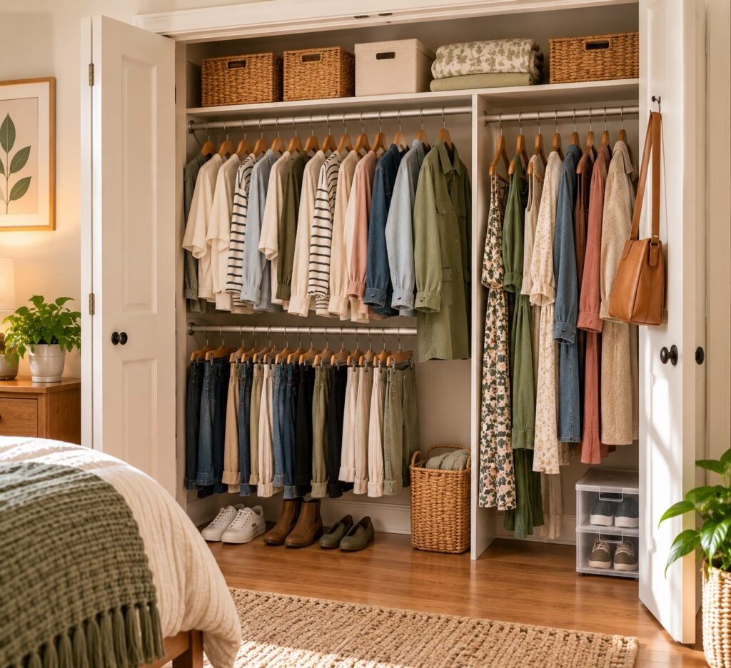 Small bedroom closet using a second hanging rod beneath a section of shorter clothing. Upper rod holds shirts and lightweight jackets while the lower rod holds additional shirts or folded-over pants. Another section with full-height hanging space for longer garments is on the right.