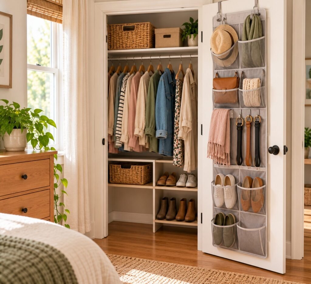 Open small bedroom closet door with a slim over-the-door organizer holding a modest number of lightweight accessories including scarves, belts, a small handbag and a few pairs of shoes.