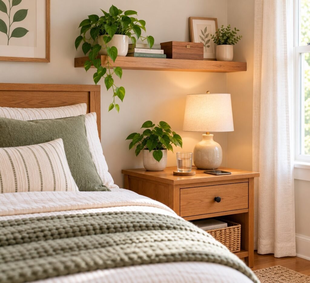 Small bedroom with one simple natural-wood floating shelf positioned above a compact nightstand. Shelf holds two or three books, a small decorative box and two decorative plants.