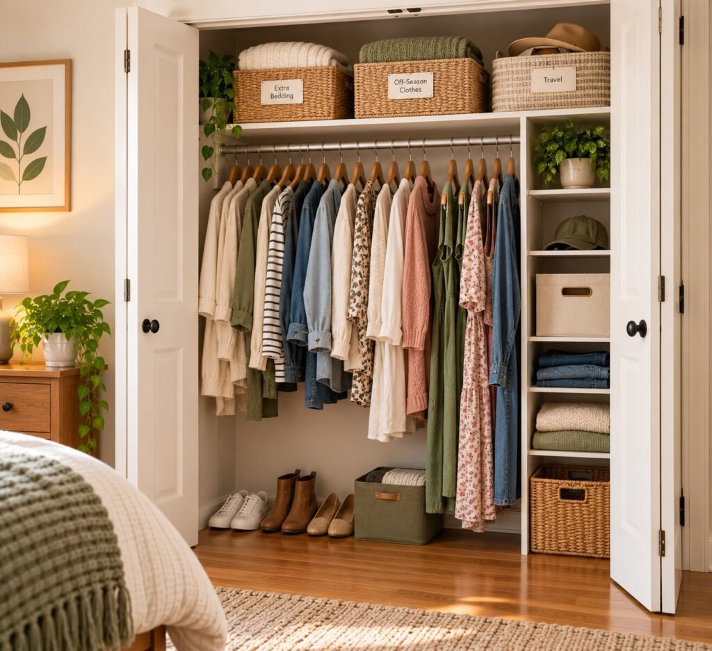 Small bedroom closet with the upper shelf organized using three simple handled baskets or fabric bins. Include subtle category labels. Everyday hanging clothes remain below.