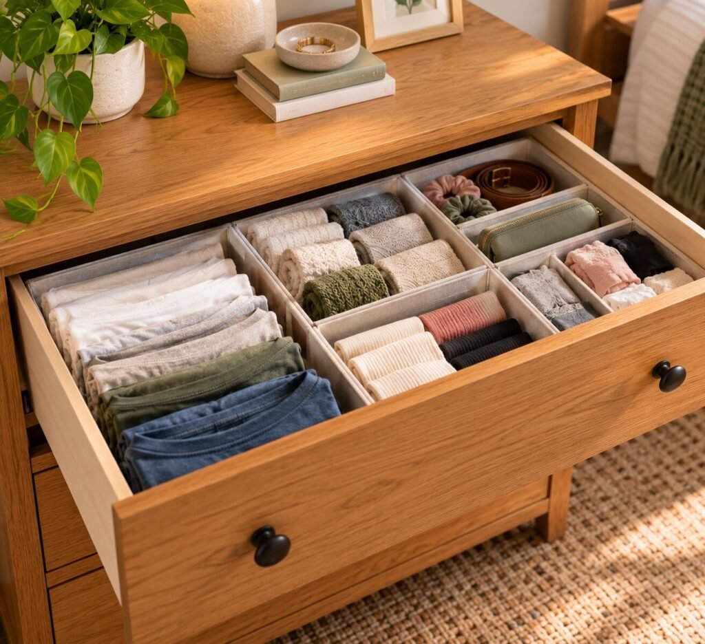 Open bedroom dresser drawer organized with simple adjustable dividers. Includes neatly folded T-shirts, socks and lightweight accessories grouped by category.