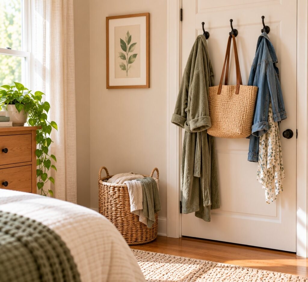 Back of bedroom door with three simple hooks holding a robe, lightweight tote and one outfit to wear again.