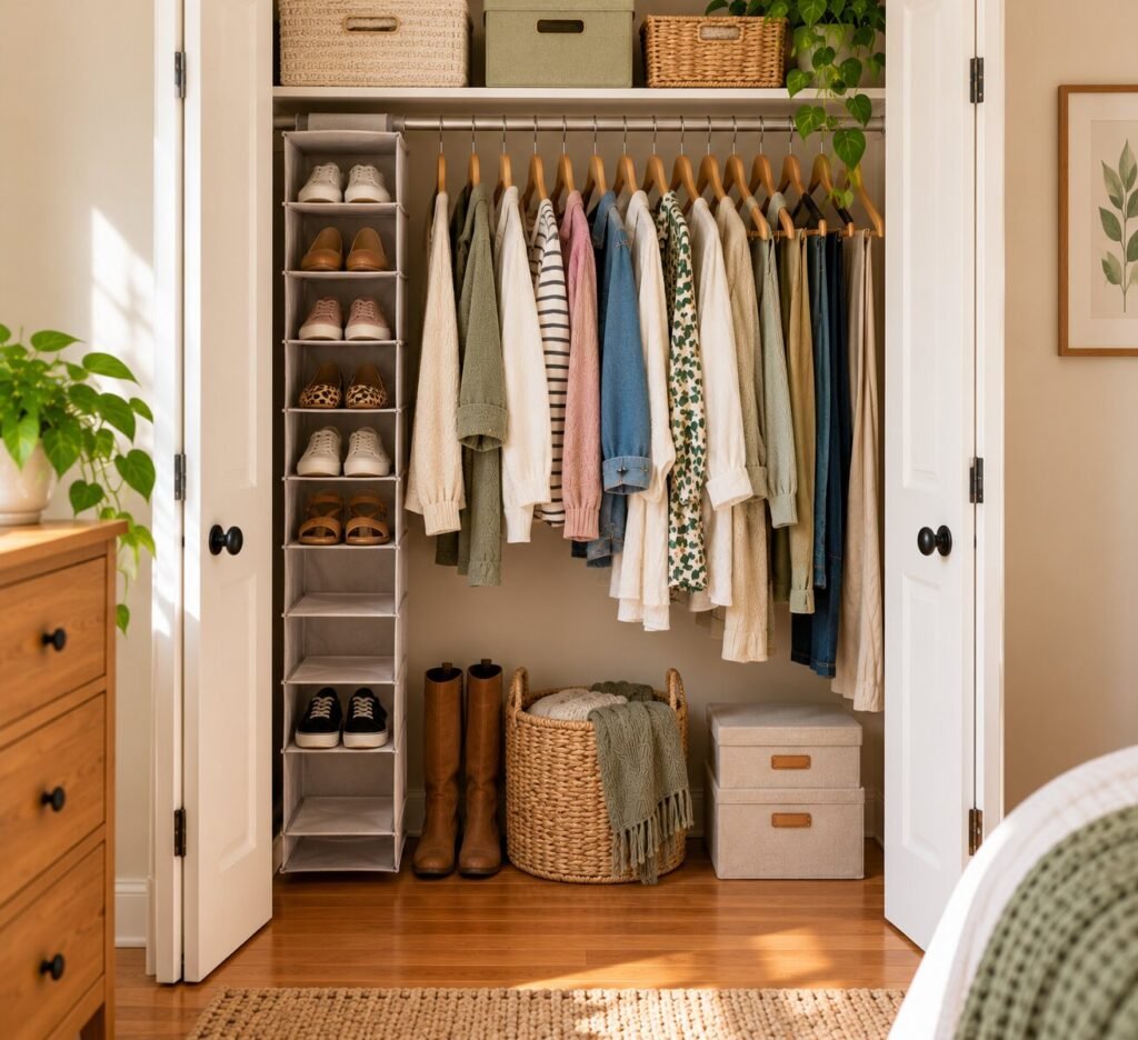 Bedroom closet with a slim hanging shoe organizer using vertical space along one side.