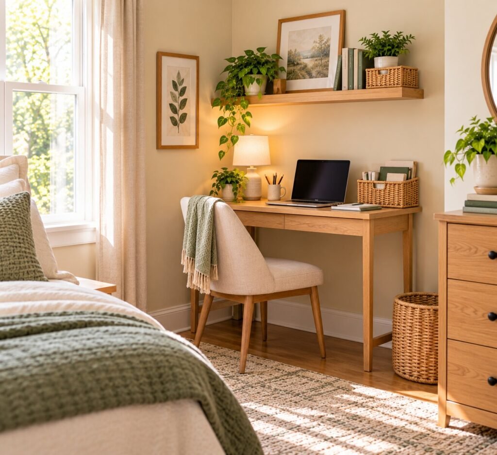 Bedroom corner transformed into a compact home workspace. Includes a simple slim natural-wood desk, comfortable chair, laptop, small lamp and one or two practical accessories.