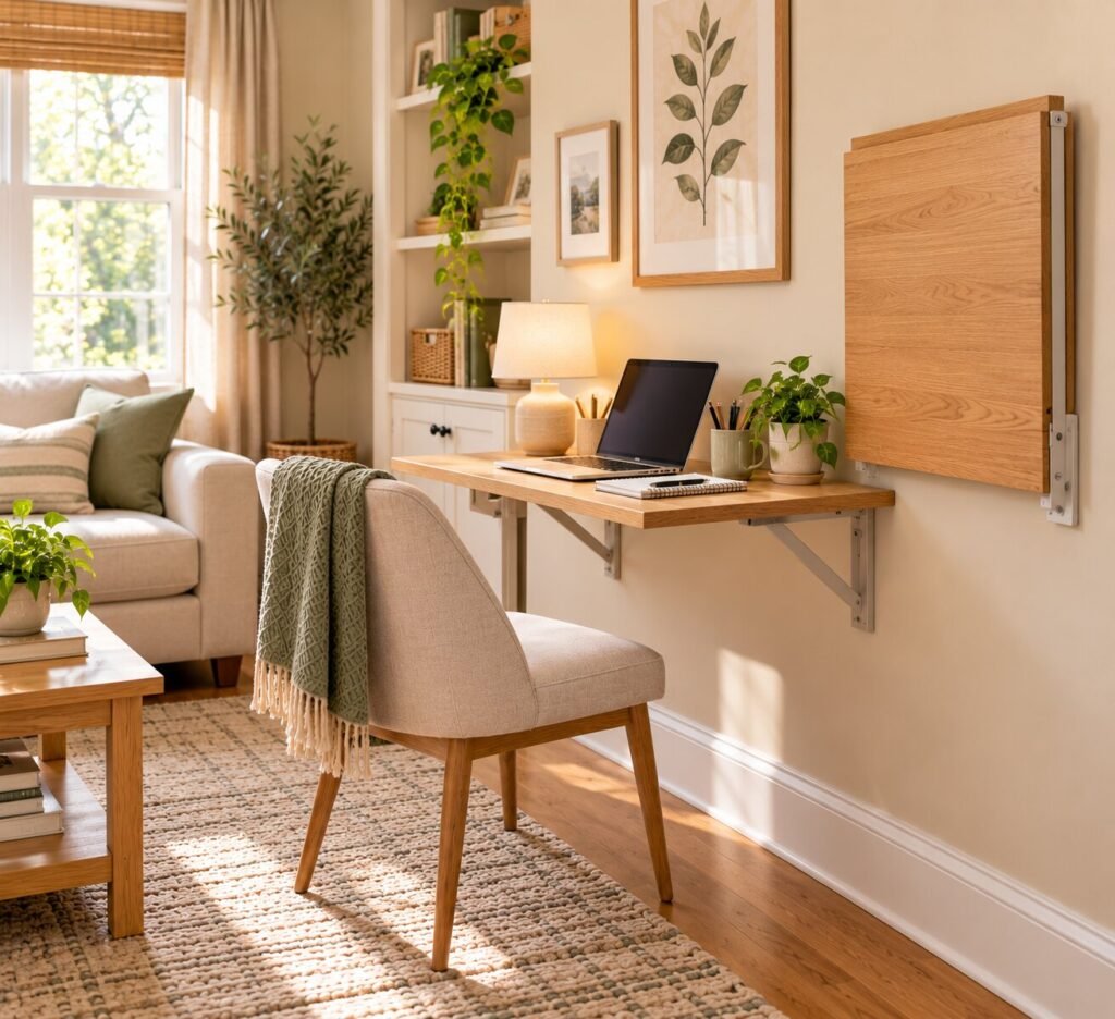 Small living room with a simple wall-mounted fold-down desk extended for work. Include a laptop, notebook and small lamp, with enough open floor space for a chair.
