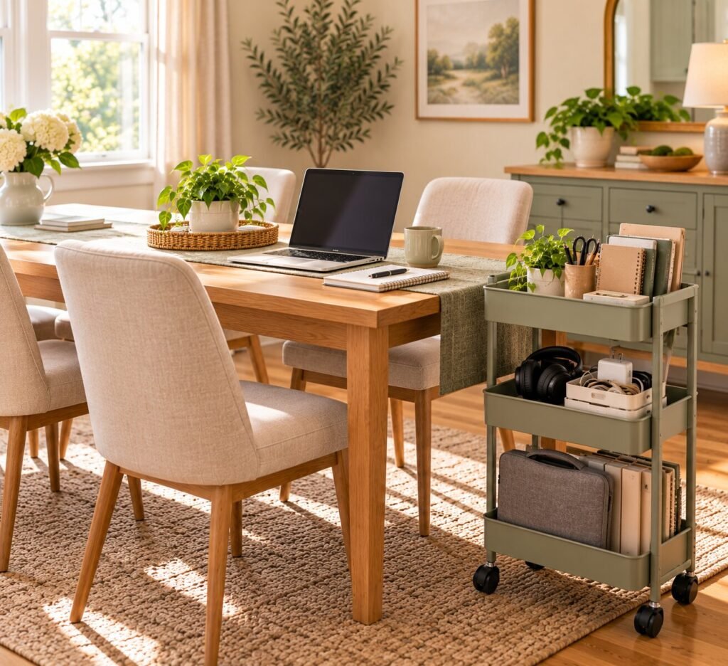 Bright dining area with a small work setup at one end of the table and a slim three-tier rolling cart beside it. Cart holds a laptop sleeve, notebooks, chargers, headset and a few office supplies.