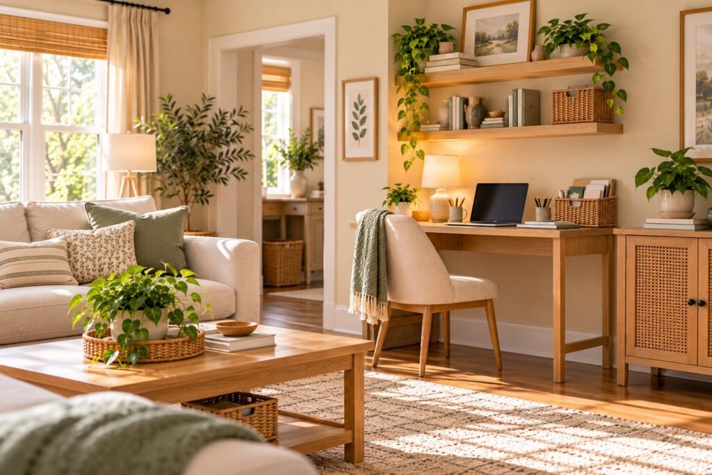 Living room with a small home-office setup naturally incorporated along one wall. The compact desk, chair, lamp and storage coordinate with the rest of the decor.