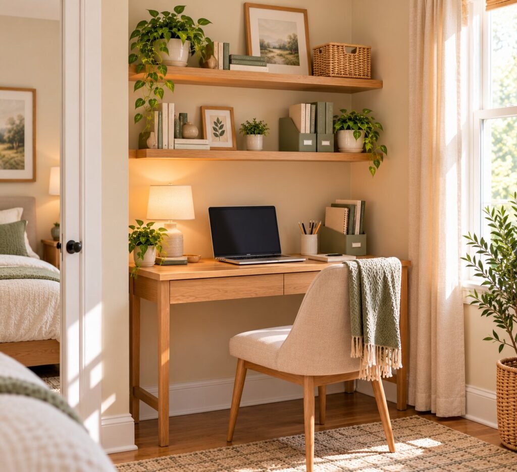 Compact home-office nook with a slim desk and two simple natural-wood floating shelves above it.