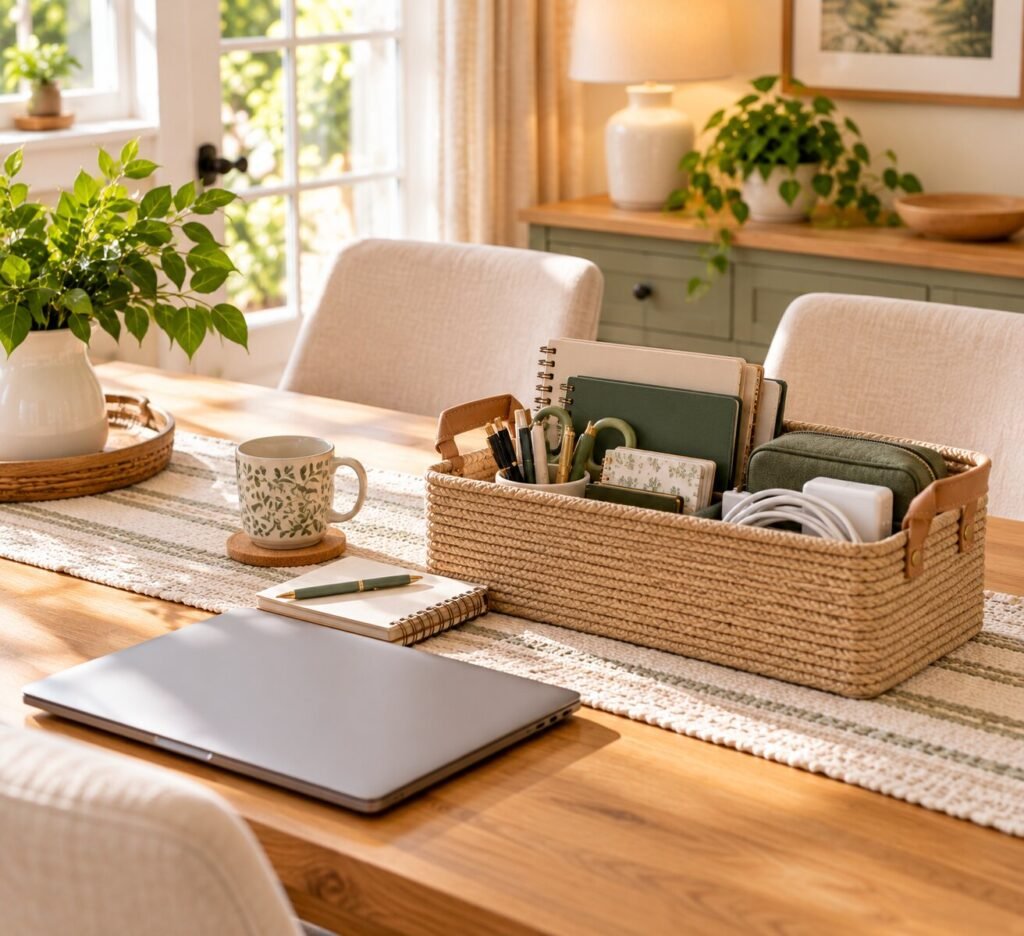 Dining table with a portable work bin containing a notebook, planner, pens, charger and small office supplies. A laptop sitting nearby.