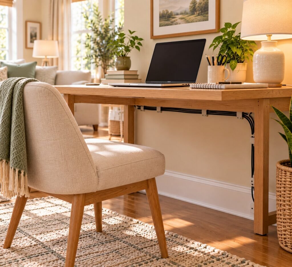 Small home-office desk with laptop and lamp. Necessary cords are neatly routed along the back or underside of the desk using simple cable clips and ties.