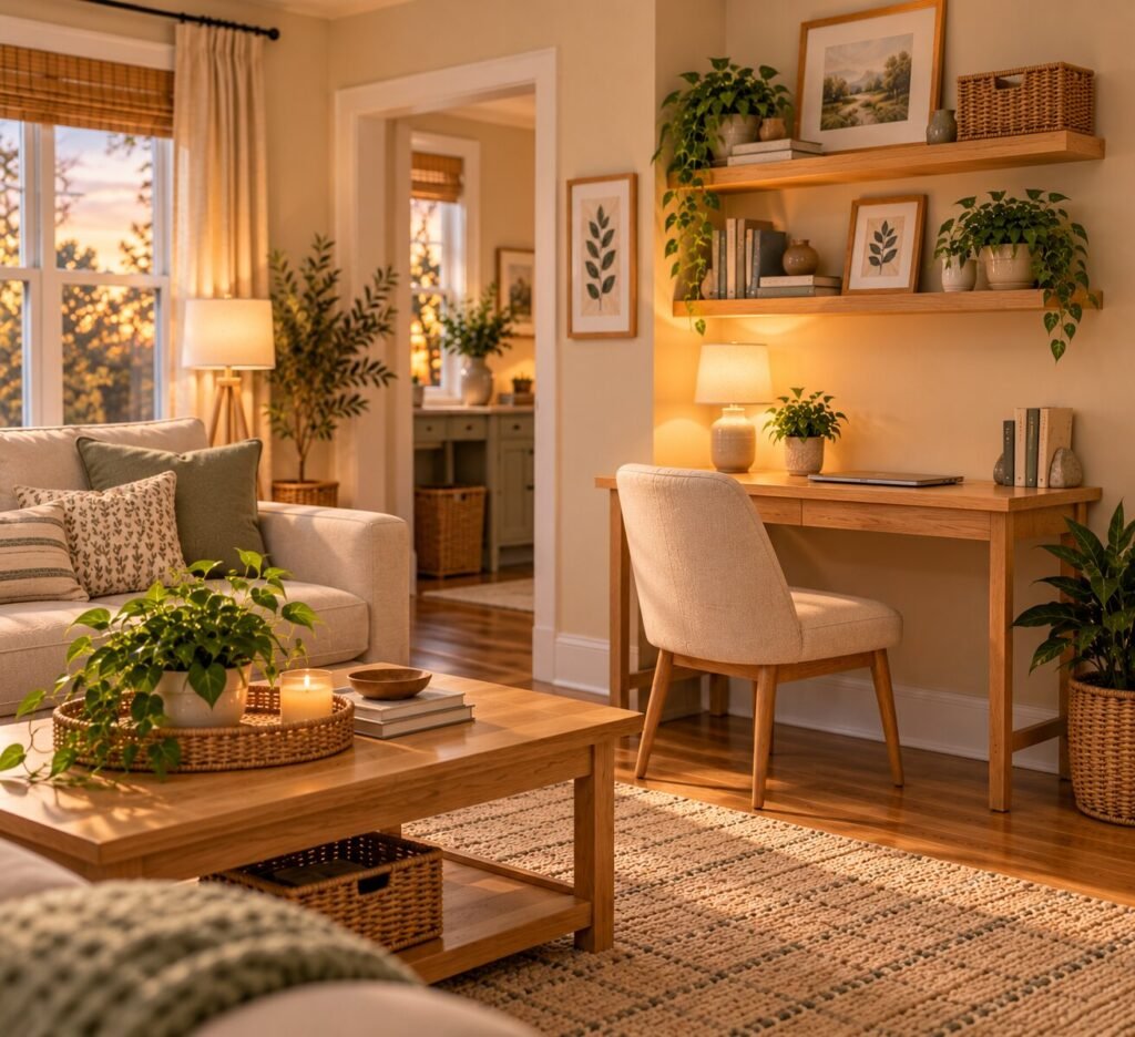 Calm living room area after the workday, with a compact desk cleared except for a lamp and small plant, chair pushed in and laptop stored away.