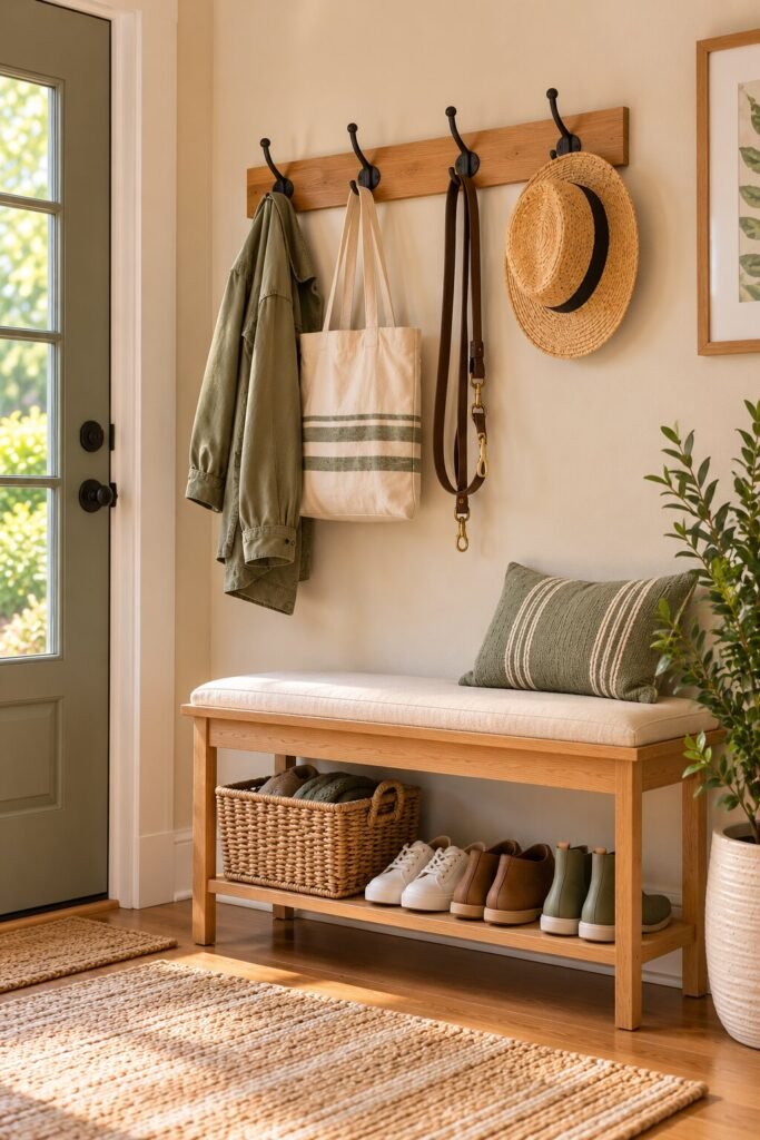 Small entryway wall with four simple metal hooks holding a lightweight jacket, tote bag, dog leash and a one hat. A narrow bench below holds shoes and a storage basket.