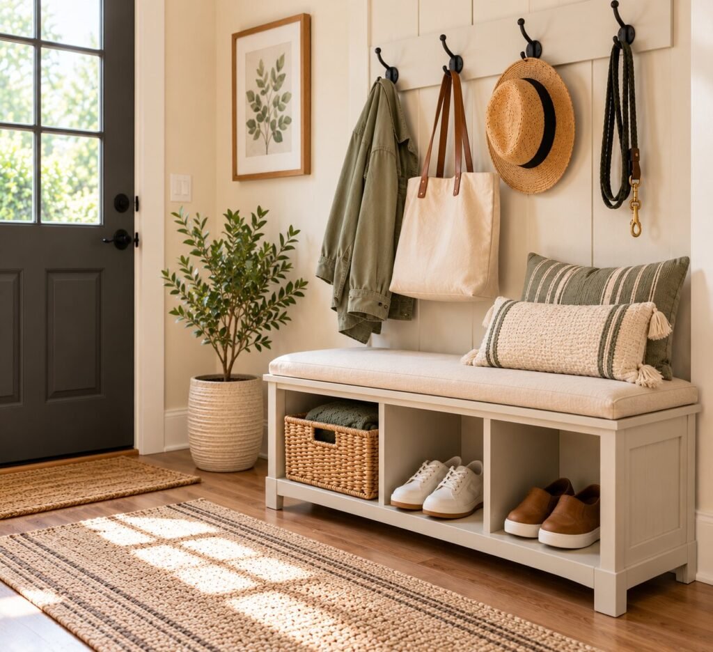 IMAGE: Small, bright entryway with a compact storage bench. Include two pairs of shoes neatly stored underneath or in open cubbies and one handled basket. Hooks above hold everyday use items include a jacket, tote bag and dog leash.