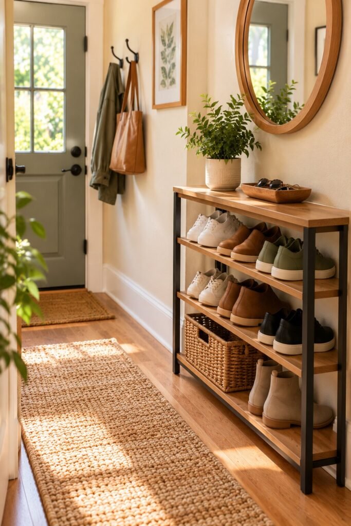 Narrow small entryway with a compact slim shoe rack or shoe cabinet holding several pairs of everyday shoes.