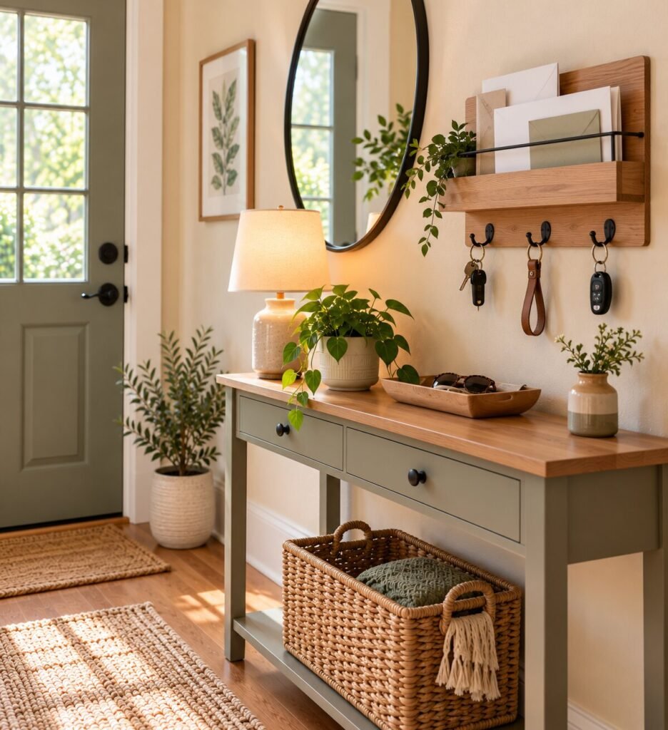 Small entryway wall with a simple shallow mail organizer and three key hooks mounted above a slim console.