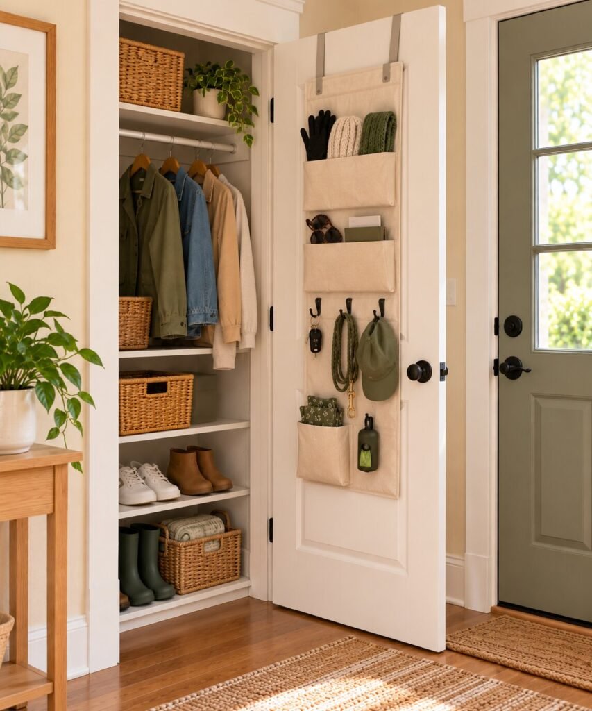 Open small entryway closet with a slim organizer attached to the inside of the door. Lightweight items in the organizer include: gloves, scarves, reusable shopping bags and dog-walking supplies.