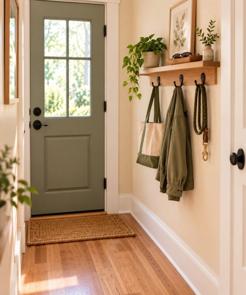 Very small entryway with a shallow natural-wood wall shelf holding a small key tray and sunglasses, with three simple hooks mounted below for a tote bag, lightweight jacket and dog leash.