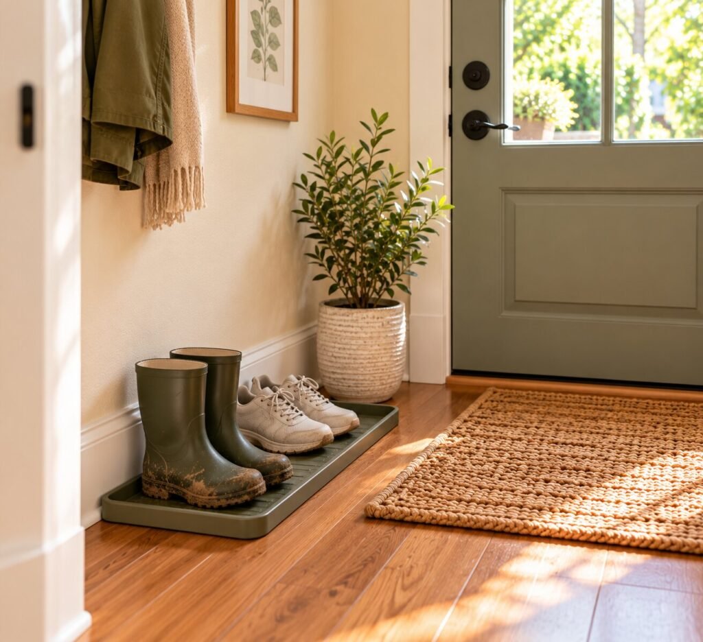 Small entryway with a simple low-profile boot tray beside the door with two pairs of everyday shoes, slightly muddy and damp.
