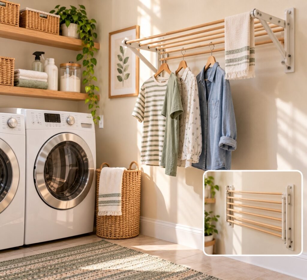 Bright laundry room with a simple wall-mounted drying rack extended over an open section of wall. A few lightweight shirts or delicate garments hang neatly from it. The rack can fold flat against the wall when not in use.