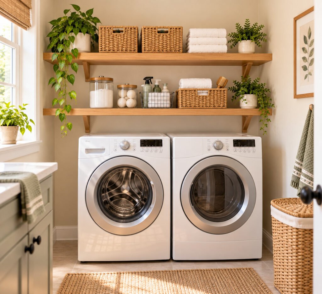 Small, bright laundry room with two simple natural-wood shelves mounted above a side-by-side washer and dryer.