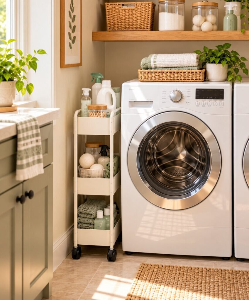 Small laundry room with a slim three-tier rolling cart fitting neatly into the narrow gap beside a washer or dryer. Cart holds a modest number of laundry supplies, stain removers, dryer balls and folded cleaning cloths.