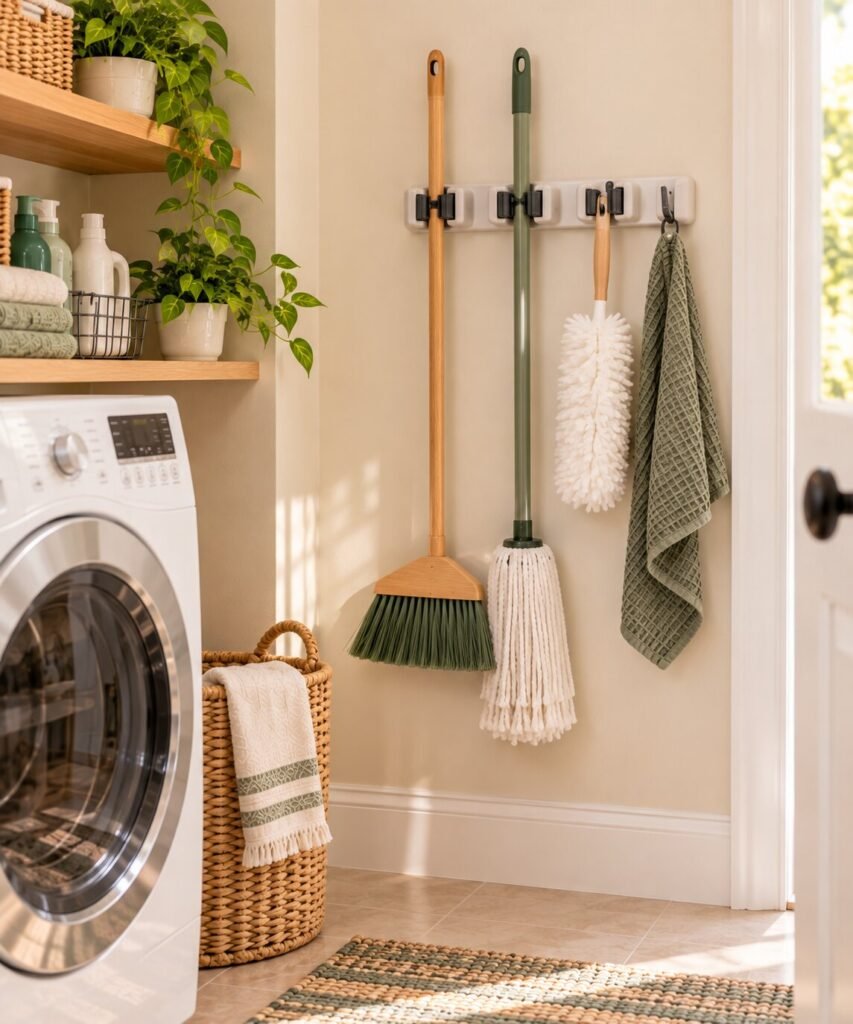 Small, bright laundry or utility room wall with a simple wall-mounted holder neatly securing a broom, mop and duster.