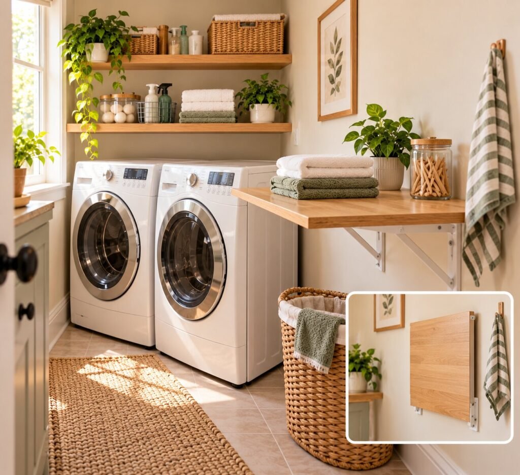 Compact laundry room with a wall-mounted fold-down table extended beside the washer and dryer. A small stack of folded towels rests on the surface. The table can fold away when not needed.