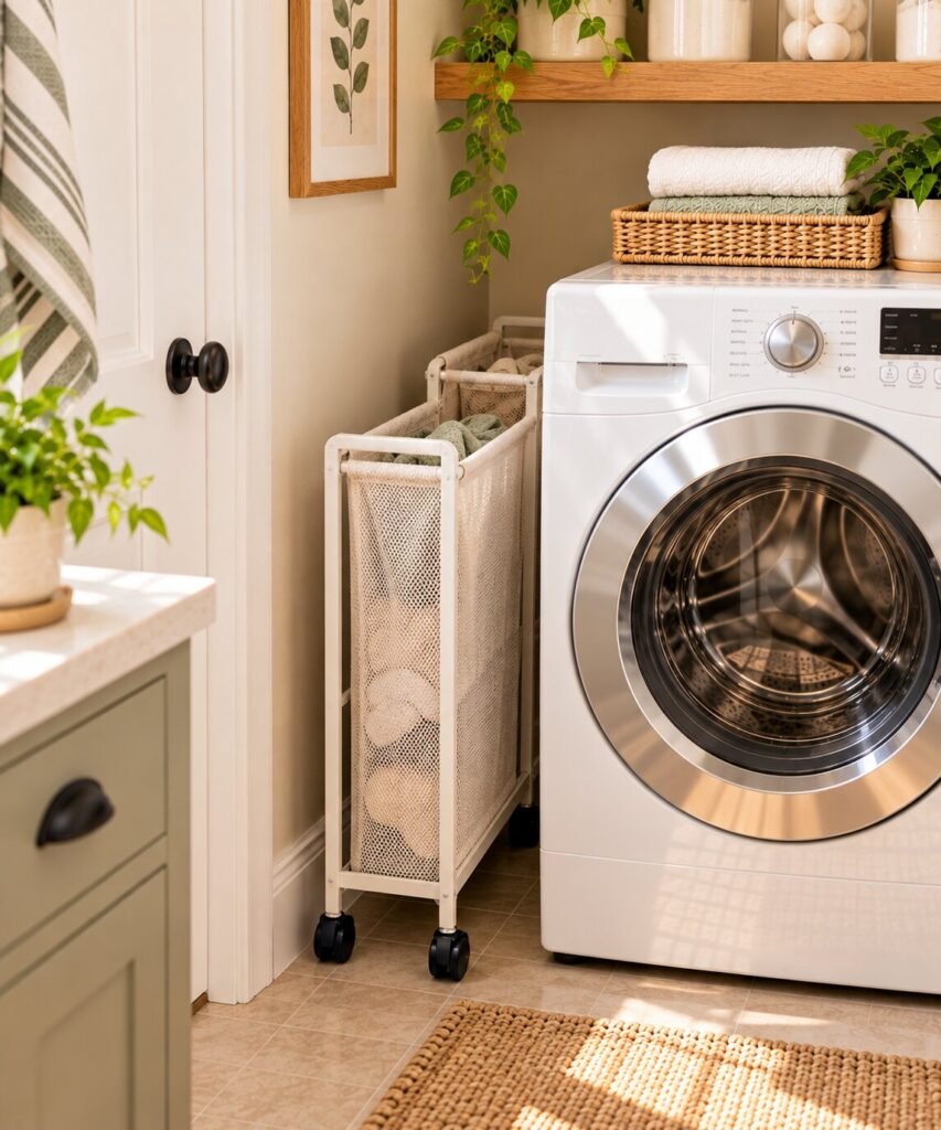 Small laundry room with a narrow rolling hamper fitting neatly into the unused gap beside a washer.