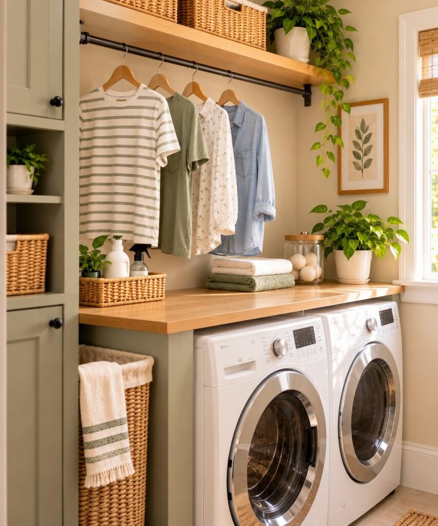 Compact laundry room with a simple hanging rod mounted above an open counter or another appropriate section of the room.